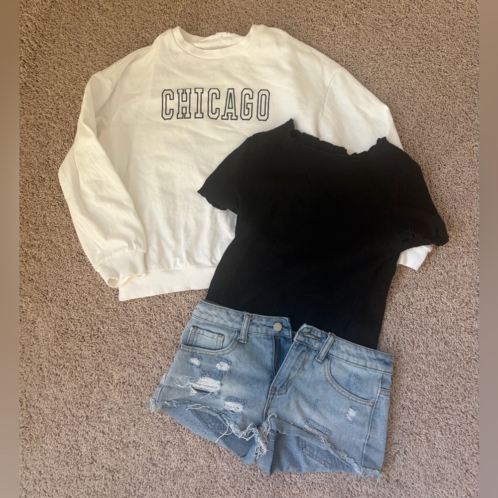 Blue Denim Jean shorts black top and Oversized Sweatshirt